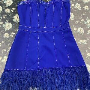 Blue Strapless Dress with Rhinestones and Fringe